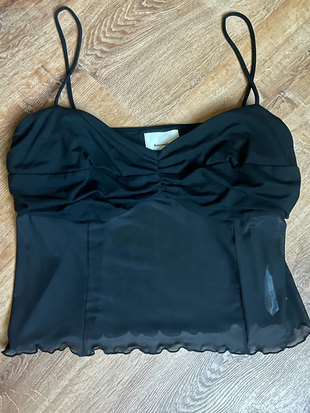 Reformation Black Sheer Mesh Ruched Cami Top XL Y2K